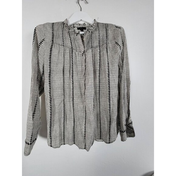 J.Crew Womens Black & White Striped Long Sleeve Blouse Medium Ruffle Collar - Picture 1 of 7